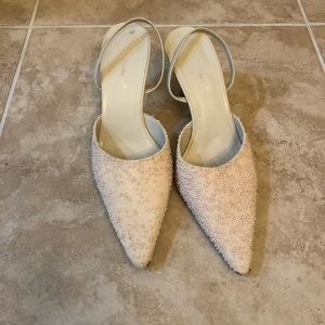Pearl embellished cream colored sling back heels
